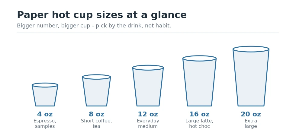 Paper hot cup size guide comparing 4, 8, 12, 16 and 20 oz cups and their best uses