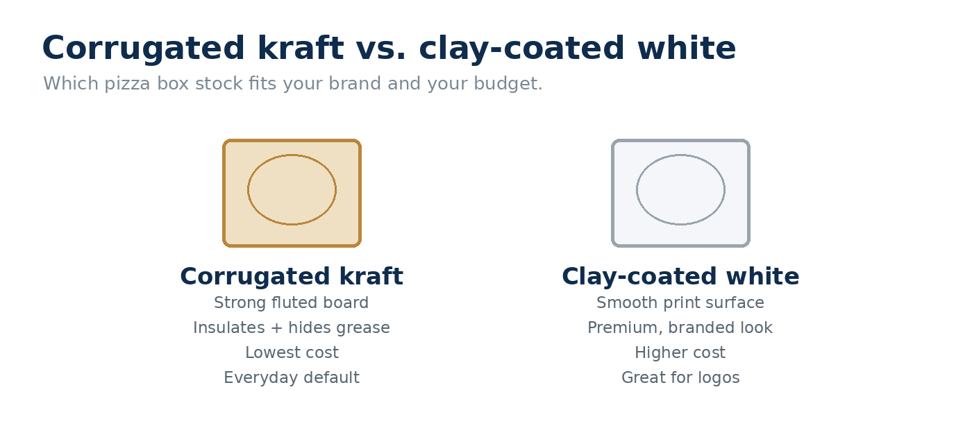 Corrugated kraft vs clay-coated white pizza boxes compared for strength, look and cost
