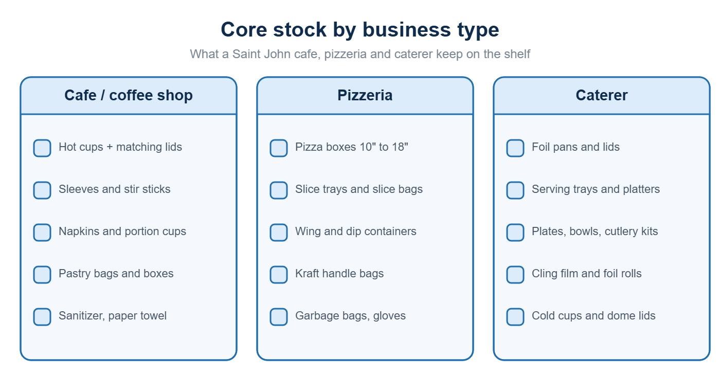 Core restaurant supplies stock list for a Saint John cafe, pizzeria and caterer