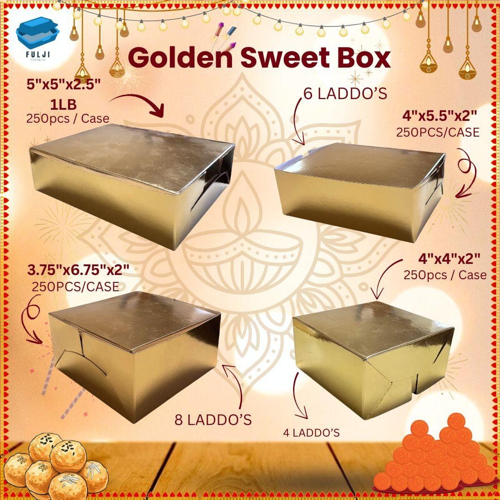 [FJSB01PR] Golden Sweet Box | 4"x 5.5" x 2" | 6 Laddo's | 250 Pcs