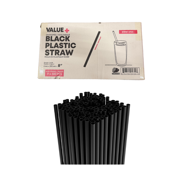 8" Milkshake Straw | Black | Un - Wrapped | 6mm | 500 Pcs